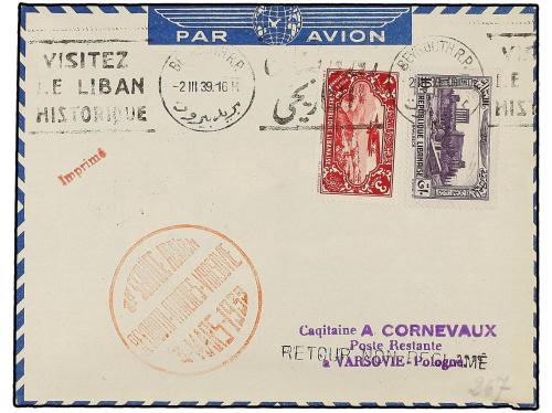 ✉ LIBANO. 1939 (3-III). BEYROUTH a POLAND. 3 p. rojo, 10 p. 