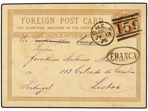 ✉ PORTUGAL. 1875. GLASCOW a LISBOA. Entero Postal de 1 p. ca