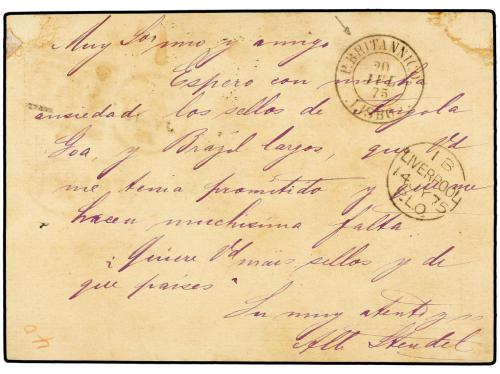 ✉ PORTUGAL. 1875. GLASCOW a LISBOA. Entero Postal de 1 p. ca