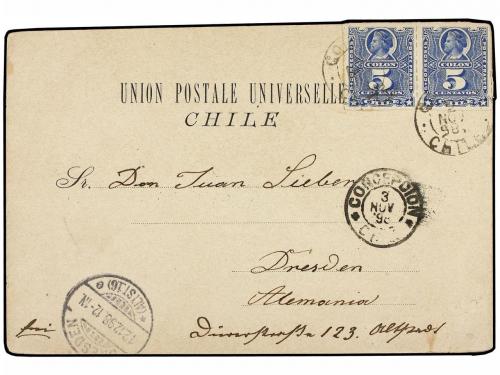 ✉ CHILE. 1898. CONCEPCIÓN a ALEMANIA. Tarjeta Postal cromoli