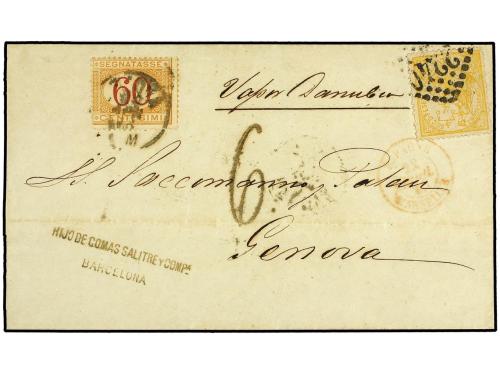 ✉ ESPAÑA. Ed. 149. 1873. BARCELONA a GENOVA. 50 cts. amarill