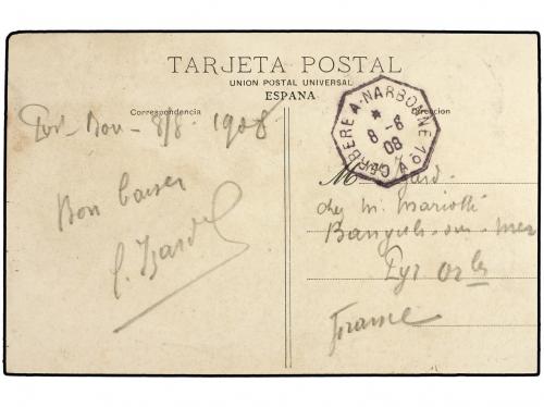 ✉ ESPAÑA. Ed. 242. 1908. PORT-BOU a FRANCIA. Tarjeta Postal 