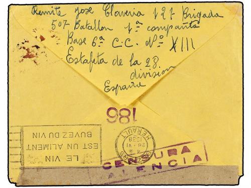 ✉ ESPAÑA GUERRA CIVIL. 1938. Circulada desde el frente a FRA