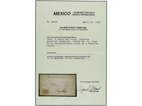 ✉ MEXICO. Sc. 5. 1856. VERACRUZ a PUEBLA. 8 reales lila. Mat