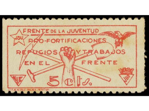 ESPAÑA: VIÑETAS. 5 cts. rosa. FRENTE DE LA JUVENTUD J.S.U. 