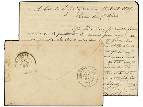 ✉ PERU. 1875. CALLAO a FRANCIA. Carta escrita a bordo del b