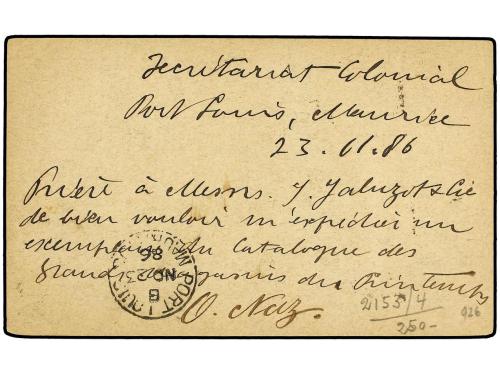 ✉ MAURICIO. 1886. PORT LOUIS a FRANCIA. Entero Postal de 2 c