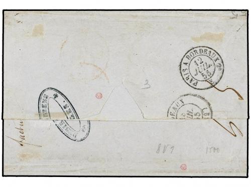 ✉ BELGICA. 1855. BRUGES to BORDEAUX (France). Folded letter